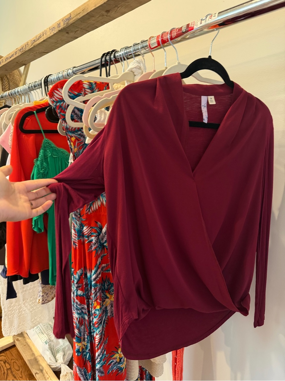 Women's Long Sleeve Surplice Top - Burgundy